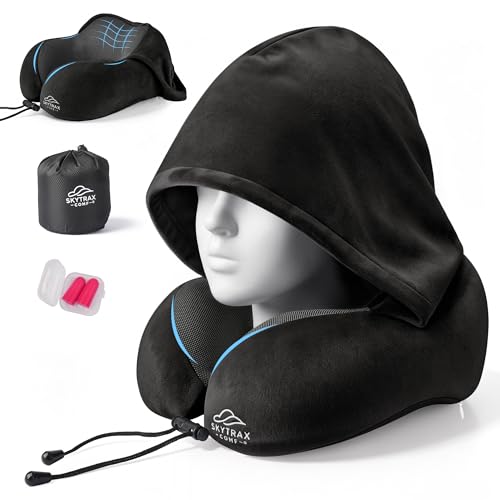SkytraxComf® Travel Neck Pillow with Hood for Privacy on Long Flights - color: Black