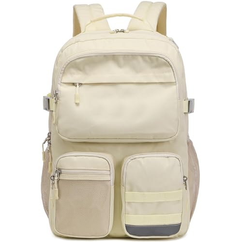Lohol Water Resistant Backpack with Multifunctional Pockets for Teens, Durable Bookbag fits 15.6 inch Laptop for School Travel College, 25L (Beige) - color: Beige