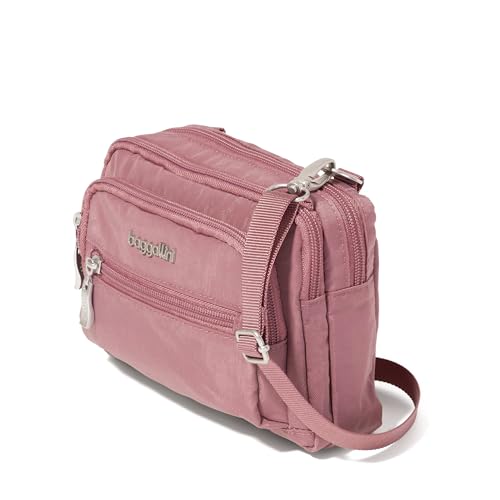 Baggallini Triple Zip Small Crossbody Bag for Women - Lightweight Convertible Fanny Pack Belt Bag - color: Dusty Mauve, style: Slim Strap