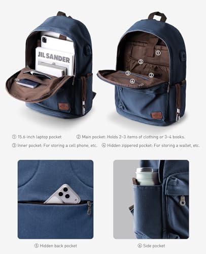 Muzee Canvas Backpack for Men and Women with 15.6 inch Laptop Compartment - color: Denim Blue