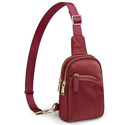 S-ZONE Genuine Leather RFID Blocking Small Sling Bag Women Crossbody Fanny Packs - color: Wine Red, size: Medium