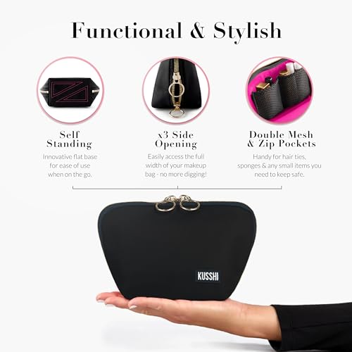 KUSSHI Washable Travel Makeup Bag for Purse (Everyday, Satin Black/Pink) - color: Satin Black/Pink, size: Everyday (Purse) Bag