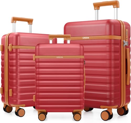 3 Piece Luggage Set, Lightweight Hardshell Large Checked Suitcase TSA Lock - color: Red, size: 3-Piece Sets (20in/24in/28in)