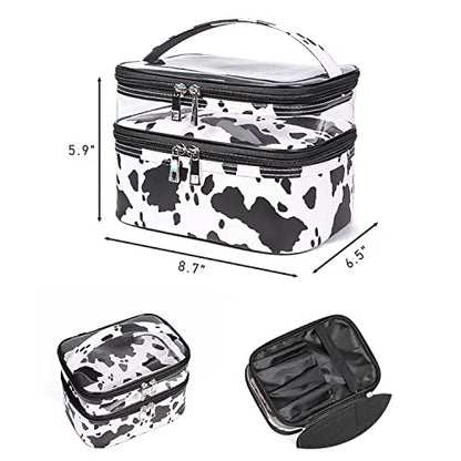 Double-layer Cosmetic Bag Makeup Bag Travel Makeup Bag Makeup Bags for Women Cosmetics Cases Portable Waterproof Foldable (Cow Print) - color: Cow Print