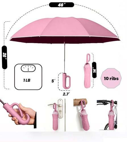 SIEPASA Travel Umbrella with Carabiner Handle - Windproof 10 Ribs Auto Open/Close for Rain & Sun Protection, Compact Portable Clip-on Backpack Design with Safety Reflective Strip. - color: UV-Light Pink