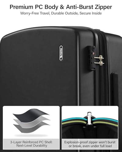 Hanke Expandable Luggage Sets 2 Piece, 20 and 28 Inch Hard Shell Suitcase | PC Hard Shell, 8 Spinner Wheels, TSA Lock, Side Hook, Wet Pocket, Nestable Storage, Family & Couple Travel - color: Jet Black, size: 20+28 Inch EXT