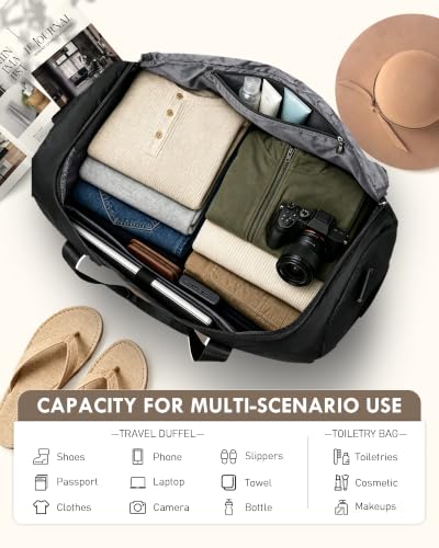 WOOMADA Extra Large Travel Duffle Bag with Shoes Compartment, Women Weekend Carry On Overnight Bag with Detachable Crossbody Bag for Travel, Business, Sports & Hospital(black) - color: Black