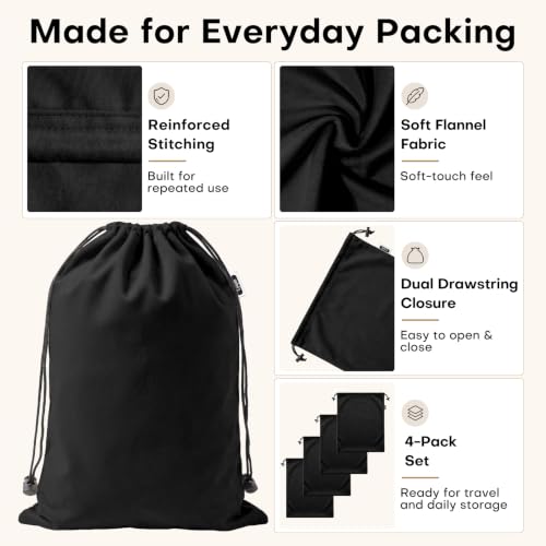 4 Pack Flannel Cloth Shoe Bags for Travel & Packing for Women & Men - color: Black