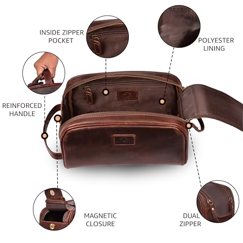 Leather Toiletry Bag for Men, Travel Dopp Kit Shaving Bag - color: Cherry