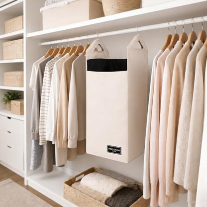 The Fine Living Co. Hanging Laundry Hamper Bag, Heavy Duty Hanger, Space Saving Closet Hamper Organizer (Beige) (Pack of 2) - color: Cream, size: Single Compartment (Pack of 2)