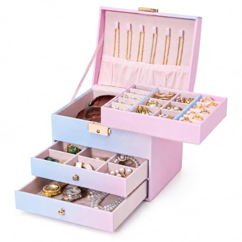 Homde Small Jewelry Box for Girls: 3-Layer Lockable Organizer (Blue-Pink) - color: Blue-Pink Gradient