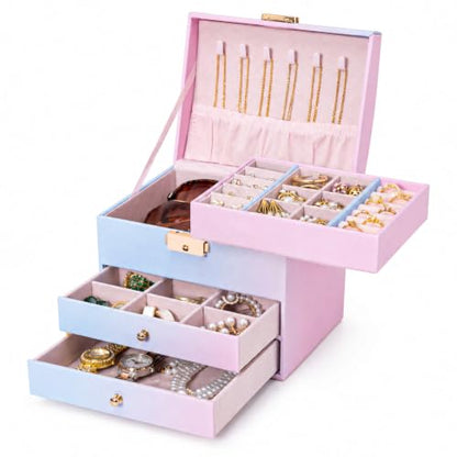 Homde Small Jewelry Box for Girls: 3-Layer Lockable Organizer (Blue-Pink) - color: Blue-Pink Gradient