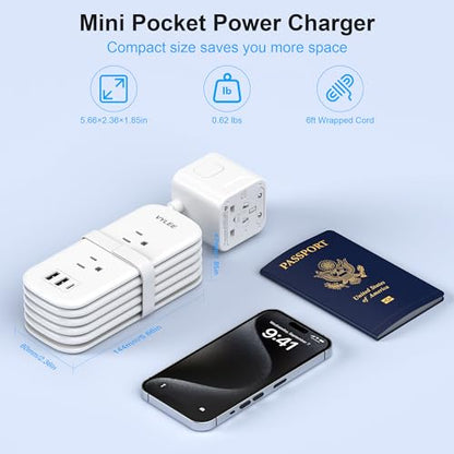 VYLEE Universal Travel Adapter with 6FT Extension Cord - color: White
