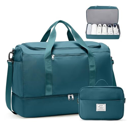 Travel Duffle Bag with Shoe Compartment, XL Weekender Bags for Women - color: B-Peacock Blue with Toiletry Bag, size: Extra Large