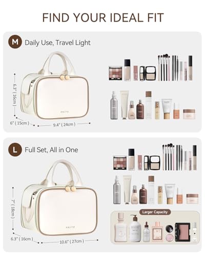 Prite Large Makeup Bag, Waterproof Travel Cosmetic Case with Brush Holder - color: Beige, size: Medium
