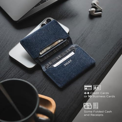 VULKIT Slim Minimalist Card Holder RFID Blocking Leather Credit Card Holder Front Pocket Wallet Magnetic Closure, Denim Blue - color: Denim Blue