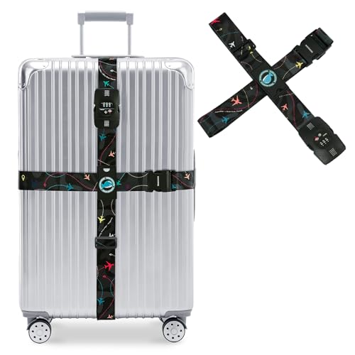 Travelkin Luggage Straps TSA Approved, Suitcase Straps with TSA Lock - color: Air Line Black