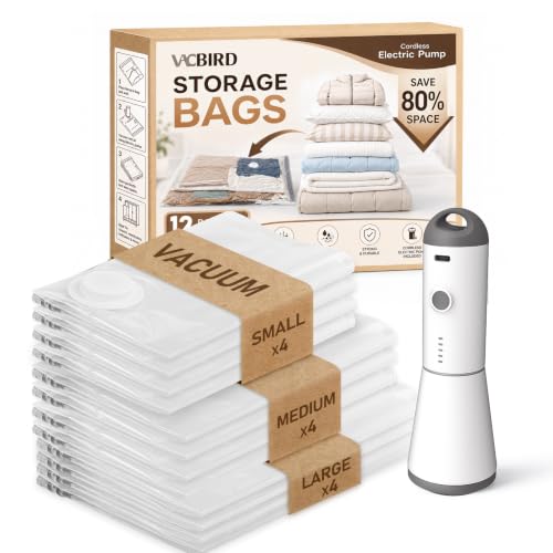 Vacbird Travel Vacuum Storage Bags with Rechargeable Cordless Pump, 12 Pack Vacuum Seal Bags for Clothing(4 Large+4 Medium+4 Small), Compression Packing for Clothes Suitcase Luggage Blanket Pillows - style: 12 Combo+Wireless Pump