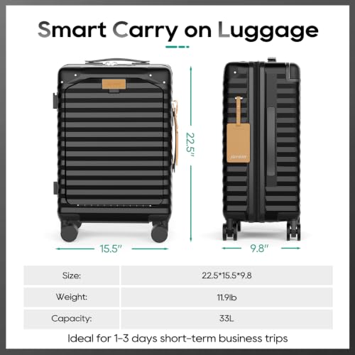 Joyway 20 Inch Carry on Luggage with Front Pocket and Cup Holder, Black - color: Black