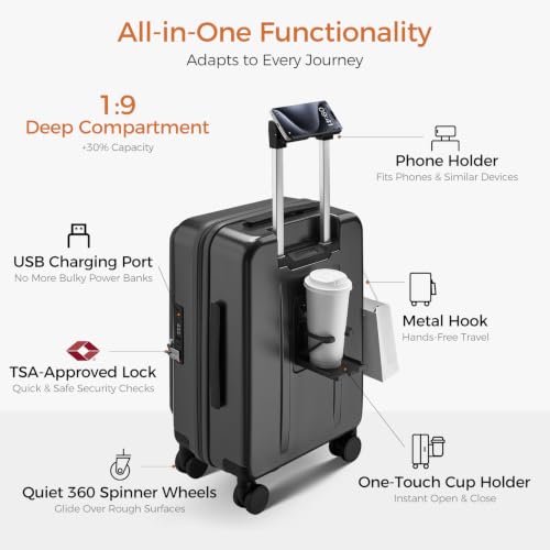 Carry On Luggage Top Opening with Cup Holder & Phone Holder, Expandable PC Hard Shell Suitcase with USB Charging Port, Side Hook, 360° Spinner Wheels, TSA Lock & YKK Zippers - color: Grey