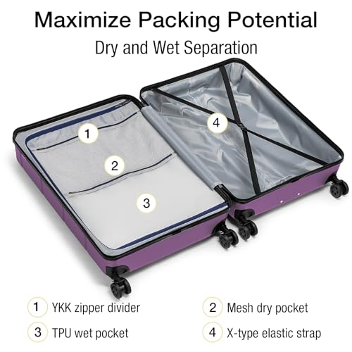 KYME Large Suitcases with Wheels Hardshell 28 Inch Luggage TSA Approved Big Checked Luggage Durable Travel Rolling Suitcase for Women Dark Purple - color: Dark Purple, size: Checked-Large 28-Inch