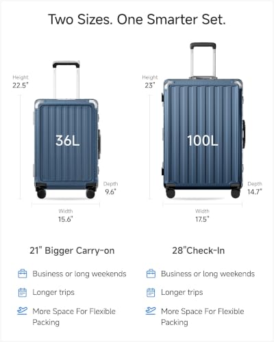 LUGGEX 2PC Front Open Zipperless Luggage Set, Aluminum Frame, Ocean Blue - color: Ocean Blue, size: 2 Piece Set（21 Pro/28）