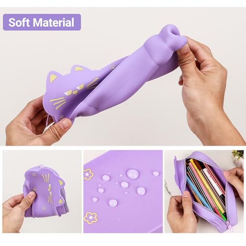 Cat Shaped Silicone Pencil Case - Aesthetic Purple Pen Holder for Artists & Office, Resilient Water-Repellent Travel Organizer, Cute Soft Pouch with Cleaning Cloth