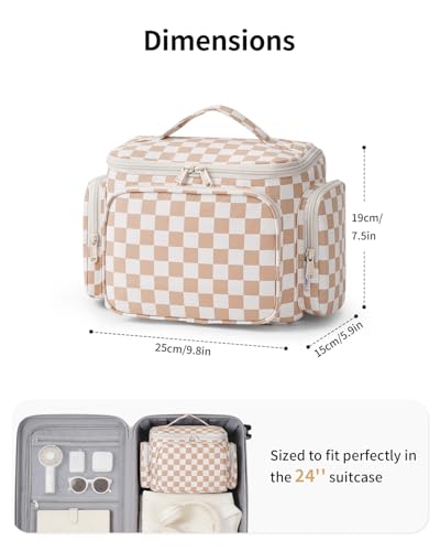 Narwey Hanging Travel Toiletry Bag for Women, Large Makeup Cosmetic Bag - color: A-Brown Checkerboard