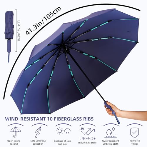 Folding Umbrella Anti-UV Compact Durable Folding Umbrella Auto Open Close Windproof Travel Umbrella Premium Grip Fits Backpack - color: Dark Blue