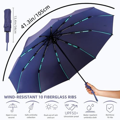 Folding Umbrella Anti-UV Compact Durable Folding Umbrella Auto Open Close Windproof Travel Umbrella Premium Grip Fits Backpack - color: Dark Blue
