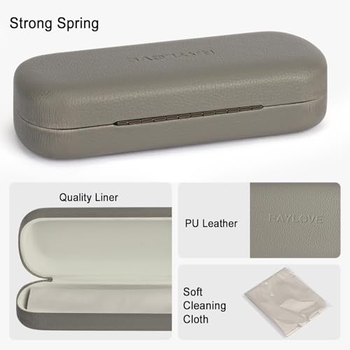 RayLove Glasses Case Hard Shell Eyeglass Case with Cleaning Cloth, PU Leather Protective Eye Glass Cases Fits Most Sunglasses - color: Grey Grey