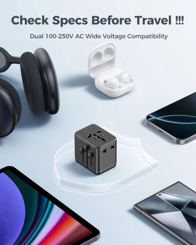 Universal Travel Adapter with Dual AC Outlets, 4 USB Ports, 2500W