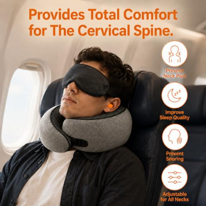 Travel Neck Pillow, Pure Memory Foam Ergonomic 360° Neck Support Gray