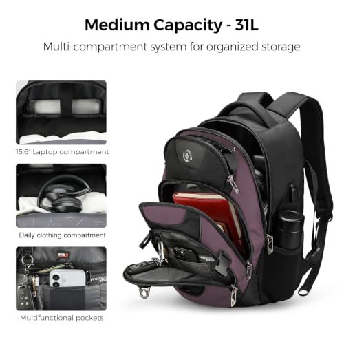 Swissdigital Design Laptop Backpack with USB Charging Port, Travel Backpack Fits 15.6 inches Computer, 31L College School Backpack for Women, Light Purple/Black | SD803-85 - color: Light Purple/Black