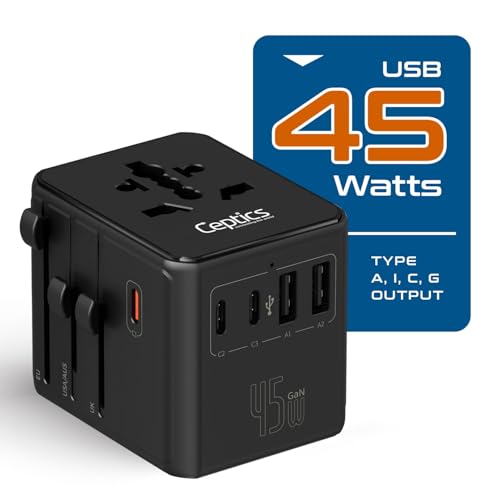 Ceptics 8 in 1 Universal Travel Adapter 45W, 3 Inputs, 2 USB-A + 3 USB-C - color: Black