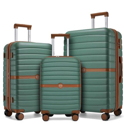 Kono Expandable 3 Piece Luggage Sets with Spinner Wheels, Green/Brown - color: Green/Brown, size: 3 Piece Set (20/24/28)