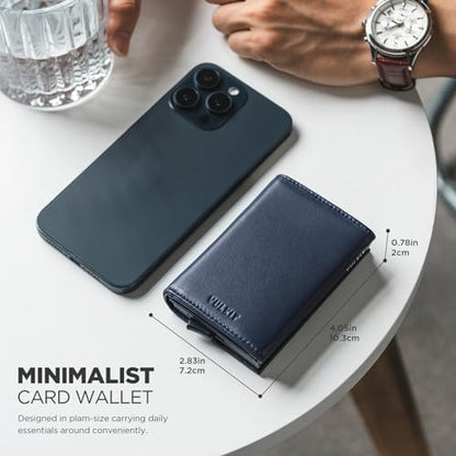 VULKIT Pop up Card Wallet Minimalist Cash Wallets RFID Blocking Leather Smart Credit Card Holder with ID window for Men - color: Top-Grain Cowhide Blue