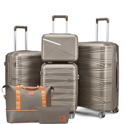 TRAVELEO Luggage Sets 6 Piece Expandable Suitcase (20/24/28), Cosmetic Case - color: Champagne, size: 6 Piece Set (14in/20in/24in/28in/DB/TB)
