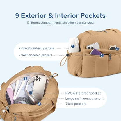 TOPDesign Travel Duffel Bag, Puffy Carry On Overnight, Gym Bag w/Wet Pocket - color: Khaki