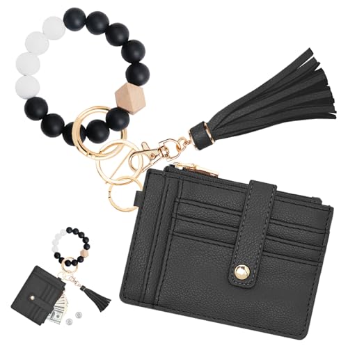 KNGITRYI Wristlet Wallet for Women,RFID Keychain Wallet with Beaded Strap - color: Black