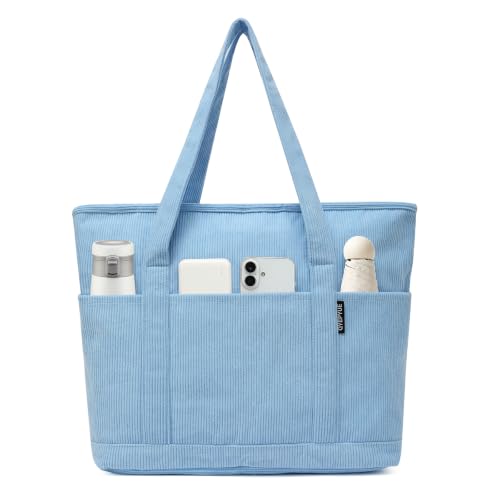 Large Canvas Tote Bag for Women, Beach Bag with Zipper, Utility Tote Bag with 3 Front Pockets, Weekender Pool Bag - color: Blue