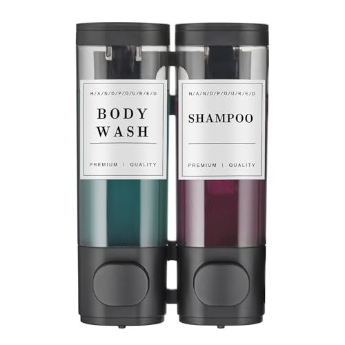Shampoo and Conditioner Dispenser Shower Dispenser Body Wash Wall Mounted Shampoo Dispenser for Shower Wall No Drill for Bathroom Hotel 2 Chamber x 350ml Black with Waterproof Labels - color: Black 2
