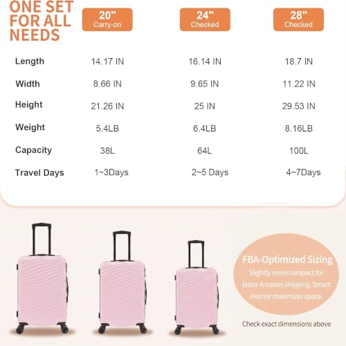 Rosamo 3 Piece Luggage Sets, Lightweight Hardside, TSA Lock, Spinner Wheels (Pink) - color: Pink