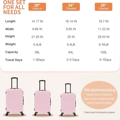 Rosamo 3 Piece Luggage Sets, Lightweight Hardside, TSA Lock, Spinner Wheels (Pink) - color: Pink