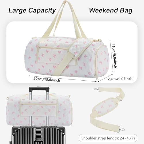 White Pink Bow Quilted Weekender Duffle Bag with Shoe Compartment - color: Barrel‑Small Dot Print