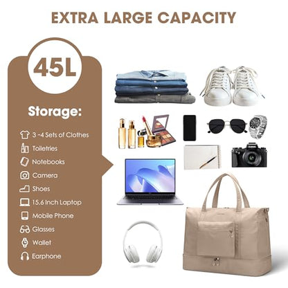 Women's Weekender bag Travel Duffel Bag with Shoe Compartment 21-inch Airline-Approved Carry-On, 2-Piece Overnight Bag Set Personal Item Luggage - color: SR-1-khaki