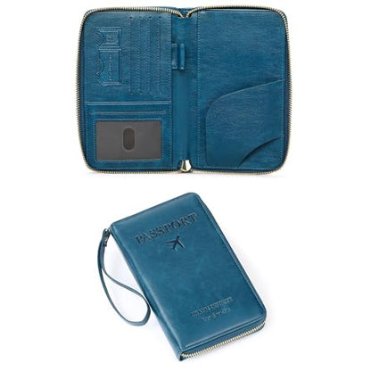 Leather RFID Blocking Passport Holder Travel Wallet, Passport Cover/Travel Wallet for Women/Men with - color: Peacock Blue