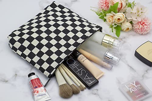 Flat Makeup Bag for Women,Zipper Cosmetic Pouch for Purse,Checkered Black - color: Checkered Black