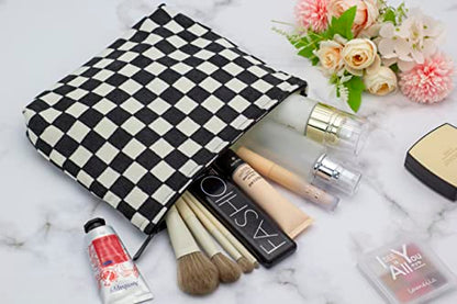 Flat Makeup Bag for Women,Zipper Cosmetic Pouch for Purse,Checkered Black - color: Checkered Black