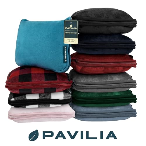 PAVILIA Travel Blanket Pillow, Soft Airplane Blanket 2-IN-1 Combo Set, Plane Blanket Compact Packable, Flight Essential Car Pillow, Travelers Gift Accessories Luggage Backpack Strap, 60x43 Checker Red - color: Checker Red